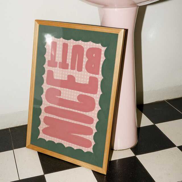 Checkered Bathroom Wall Art, Nice Butt Green Pink Print, Horizontal Landscape Colourful En Suite Art - image 1