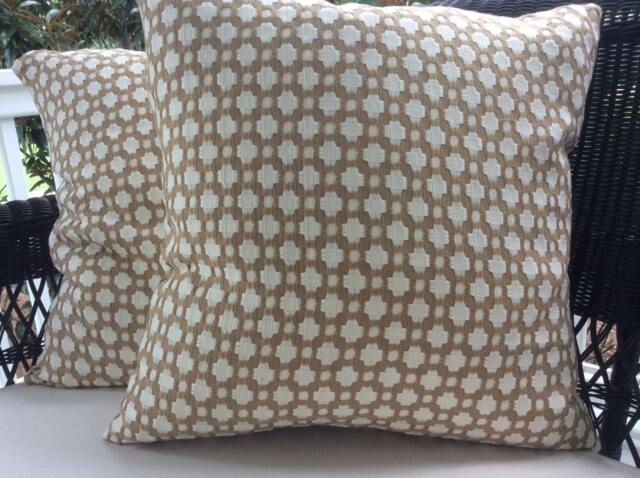 Schumacher Betwixt Pillow Cover in Biscuit Brown & White Woven, Coordinating Linen Backing - Backordered Late March, Early April - image 1