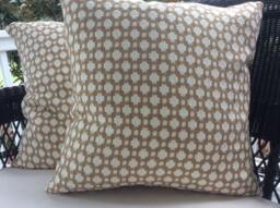 Schumacher Betwixt Pillow Cover in Biscuit Brown & White Woven, Coordinating Linen Backing - Backordered Late March, Early April - thumbnail 1