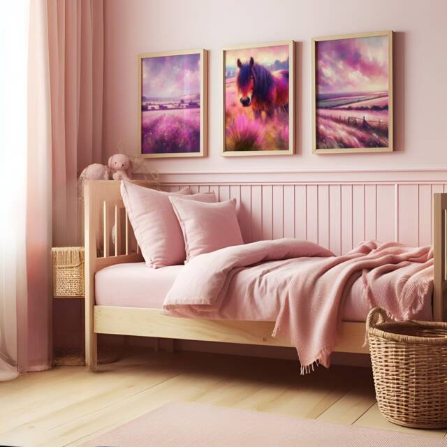 Horse Nursery Decor - Pink Set Of 3 Horses Posters - Kids Pony Print Girls Room Wall Art Girl Bedroom Prints Playroom Artwork Gifts - image 1