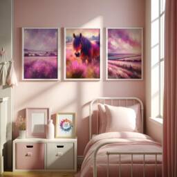 Horse Nursery Decor - Pink Set Of 3 Horses Posters - Kids Pony Print Girls Room Wall Art Girl Bedroom Prints Playroom Artwork Gifts - thumbnail 2