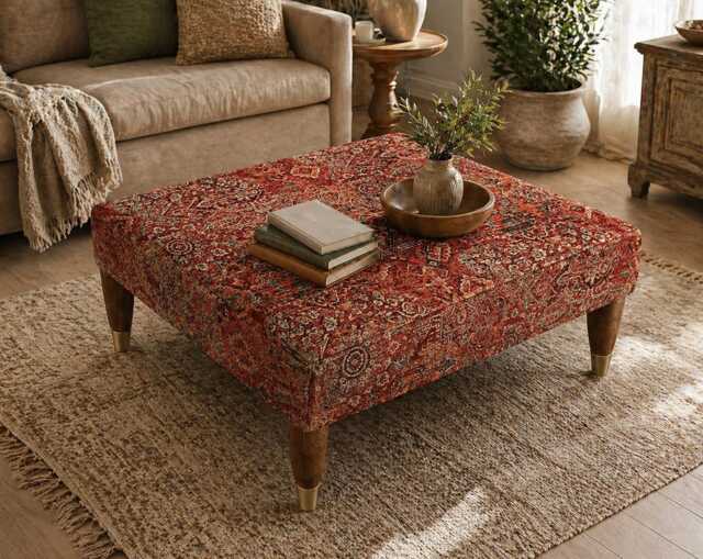 Handmade Ottoman Footrest Coffee Table - Turkish Kilim Burnt Orange Fabric - image 1