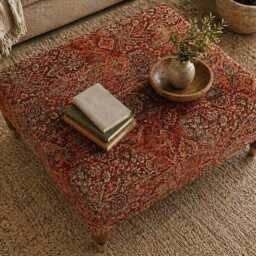 Handmade Ottoman Footrest Coffee Table - Turkish Kilim Burnt Orange Fabric - thumbnail 2