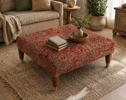 Handmade Ottoman Footrest Coffee Table - Turkish Kilim Burnt Orange Fabric - thumbnail 1