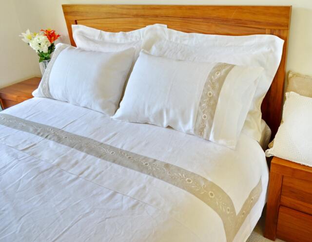 Queen/King Size Bed Sheet Set, Flat & Pillowcases Hand Embroidery Shabby Chic Decor Wedding/Christmas Gift White #makeforgood - image 1