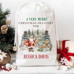 Personalised Large Santa Christmas Sack, Toy Sack With Beautiful Watercolor, Traditional Xmas Scene, Stocking - thumbnail 1