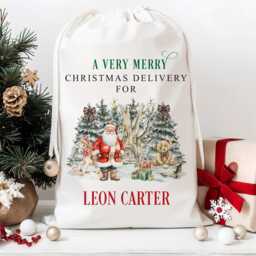 Personalised Large Santa Christmas Sack, Toy Sack With Beautiful Watercolor, Traditional Xmas Scene, Stocking - thumbnail 3