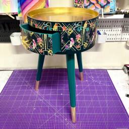 Art Deco Bed Side Table, Emerald Green, Gold & Pink Bird Design. Bedroom Nightstand, Colourful Bedside End Table. Taller Legs With Drawer - thumbnail 2