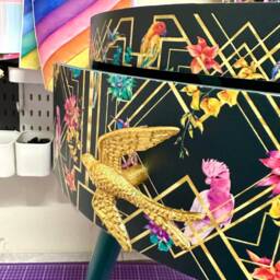 Art Deco Bed Side Table, Emerald Green, Gold & Pink Bird Design. Bedroom Nightstand, Colourful Bedside End Table. Taller Legs With Drawer - thumbnail 3