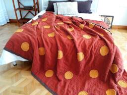 Lightweight Linen Quilt, Stonewashed Flax, Sunflowers Quilting Design, Custom Two-Tone & Sunflower Colors, Handmade - thumbnail 1