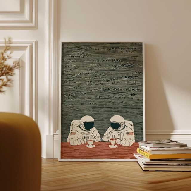 Astronaut Coffee Poster, Retro Minimal Art Print, Vintage Space Cafe Print - image 1