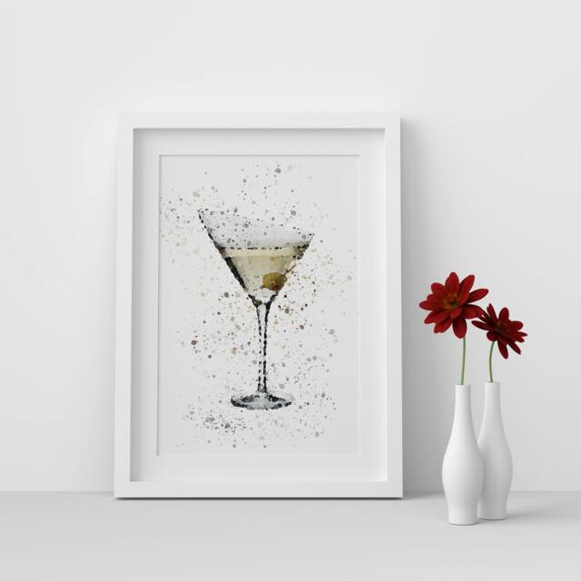 Martini Cocktail Glass Watercolour Splash A3, A4, 10x8, 8x6, 5x7 & 4x6 Wall Art Prints