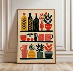 Mediterranean Kitchen Shelf Poster, Folk Still Life Wall Art Print - thumbnail 1