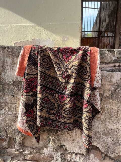 Vintage Indian Kantha Quilt Handmade Reversible Cotton Blanket - image 1