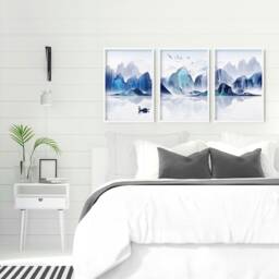 Japanese Teal Calm Set Of 3 Framed Wall Art Prints For A Relaxing Bedroom Decor, Japandi Trendy Gallery Above Bed Decor - thumbnail 1