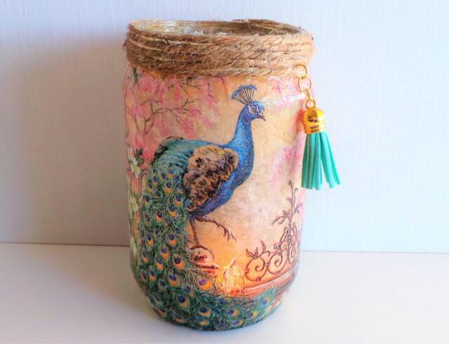 Peacock Jar Light Handmade Decoupage Lantern With Tassel - image 1
