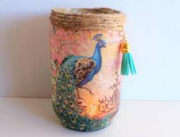 Peacock Jar Light Handmade Decoupage Lantern With Tassel - thumbnail 1