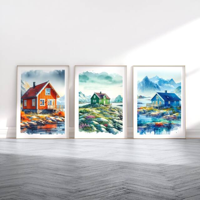 Scandinavian Cabin Poster Set - 3 Watercolour Prints - Scandi Wall Art Scandanavian Design By The Sea Painting Nordic Artwork - image 1