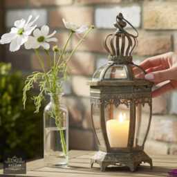 Gold Candle Lantern Hexagonal Pillar Tealight Vintage Antique Style Metal - thumbnail 1