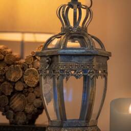 Gold Candle Lantern Hexagonal Pillar Tealight Vintage Antique Style Metal - thumbnail 3