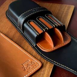 Black Amber Leather 3 Pen Case Luxury Personalized Fountain Holder - thumbnail 3