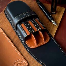 Black Amber Leather 3 Pen Case Luxury Personalized Fountain Holder - thumbnail 2