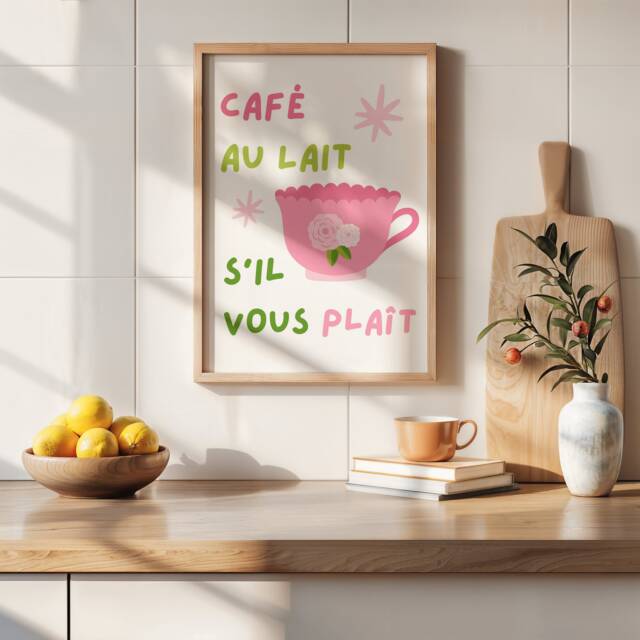 Cafe Au Lait Wall Print, French Boho Art, Coffee Art Print - image 1