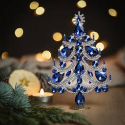 Handcrafted Rhinestone Crystal Tabletop Christmas Tree, Czech Sapphire Ornament