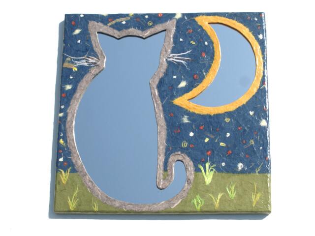 Cat With Moon Mirror, Decorative Wall Mirror, Unique Cat Square Wall Mirror Cat Sillhouette & Yellow Half Moon - image 1