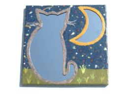 Cat With Moon Mirror, Decorative Wall Mirror, Unique Cat Square Wall Mirror Cat Sillhouette & Yellow Half Moon - thumbnail 1