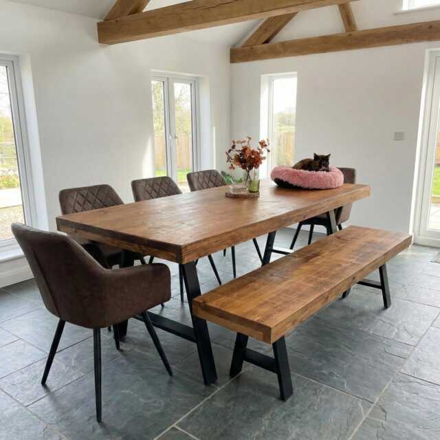 Grantham Af Dining Table Natural Thick Rustic Wood A Frame Industrial Steel Legs Handmade Characteristic Of The Countryside - image 1