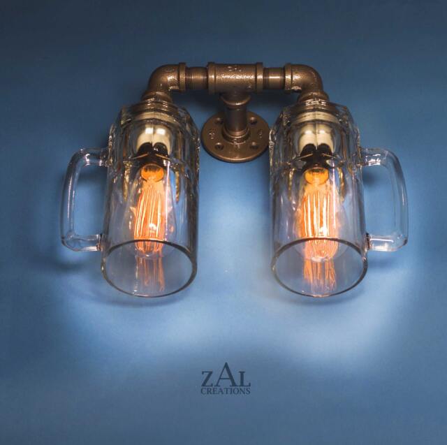 Sconce, Wall Light, Double Beer Mug, Lamp With Vintage Style Edison Bulbs - image 1