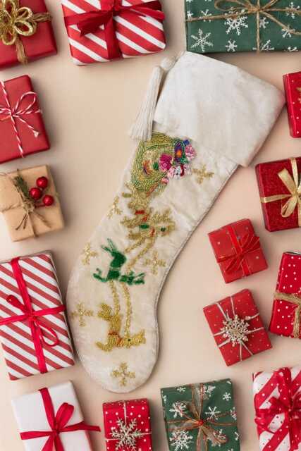 Personalised Handmade Beaded Christmas Velvet Stocking Holiday Decor Santa & Reindeer Embroidered Chimney Mantel Hanging 21 - image 1