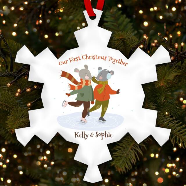 Two Mice At Ice Skating Personalised Christmas Tree Ornament Decoration