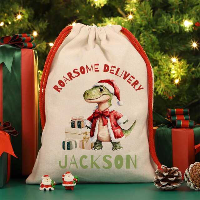 Christmas Sack Personalised - Roarsome Dinosaur Design For Kids Small/Large - image 1