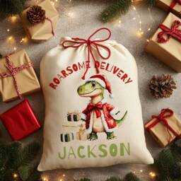 Christmas Sack Personalised - Roarsome Dinosaur Design For Kids Small/Large - thumbnail 3