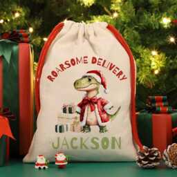Christmas Sack Personalised - Roarsome Dinosaur Design For Kids Small/Large - thumbnail 1