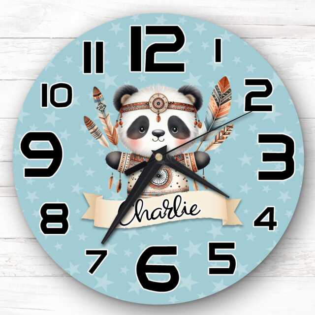 Boho Style Panda Personalised Gift For Kid's Bedroom Clock - Kids Clock, Children's Decor, Custom Wall - image 1