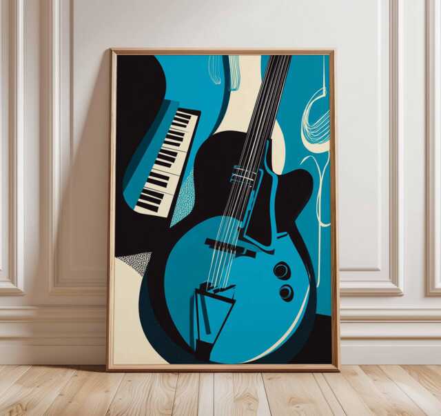 Jazz Music Wall Art, Abstract Musician Poster With Piano & Guitar, Modern Blue Room Decor - image 1