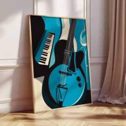 Jazz Music Wall Art, Abstract Musician Poster With Piano & Guitar, Modern Blue Room Decor - thumbnail 2
