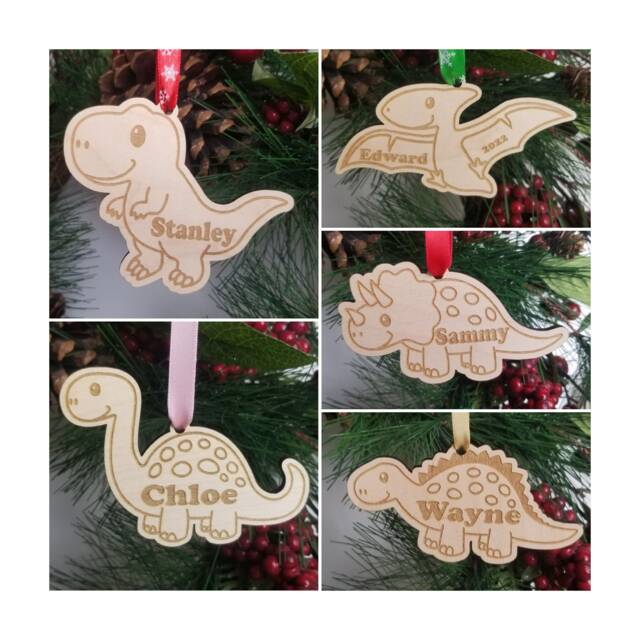 Personalised Dinosaur Christmas Tree Hanger, Wooden Xmas Name Hanger For Loving Kids, Dino Ornament, Stocking Filler Idea - image 1