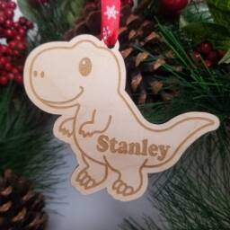 Personalised Dinosaur Christmas Tree Hanger, Wooden Xmas Name Hanger For Loving Kids, Dino Ornament, Stocking Filler Idea - thumbnail 2