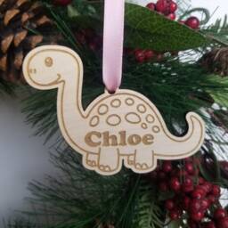 Personalised Dinosaur Christmas Tree Hanger, Wooden Xmas Name Hanger For Loving Kids, Dino Ornament, Stocking Filler Idea - thumbnail 3