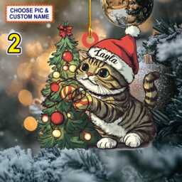 Custom Name Cute Cat Christmas Personalized Ornament, Tree Hanging Decor, Flat 2D Ornament Acrylic/ Wooden, Gift For Lover - thumbnail 2