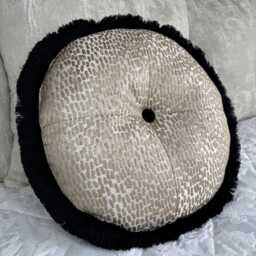 Round/Circular Cushion With Fringe Black - Gold Unique Handmade Pillow Antelope Champagne Luxury Design
