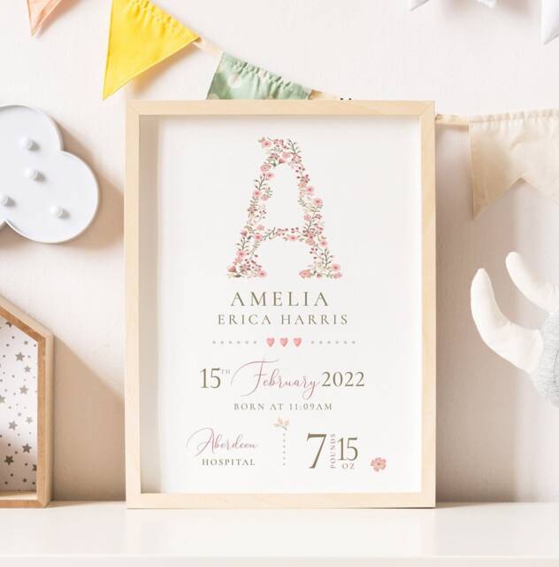 New Baby Personalised Print Birth Details Keepsake Gift, Newborn Girls Boys Nursery Decor - image 1