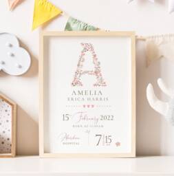 New Baby Personalised Print Birth Details Keepsake Gift, Newborn Girls Boys Nursery Decor - thumbnail 1