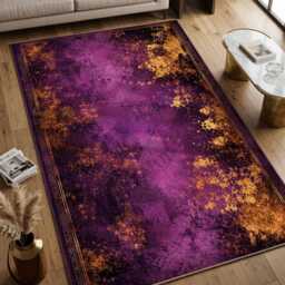 Purple Gold Abstract Runner Rug, Distressed Boho Decor, Moody Luxury Hallway Carpet - thumbnail 4