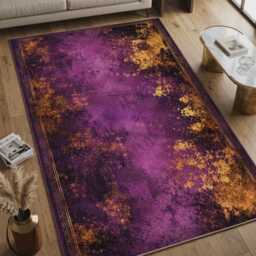 Purple Gold Abstract Runner Rug, Distressed Boho Decor, Moody Luxury Hallway Carpet - thumbnail 3