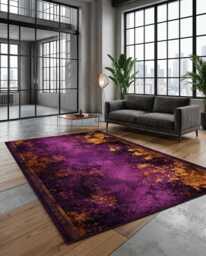 Purple Gold Abstract Runner Rug, Distressed Boho Decor, Moody Luxury Hallway Carpet - thumbnail 1